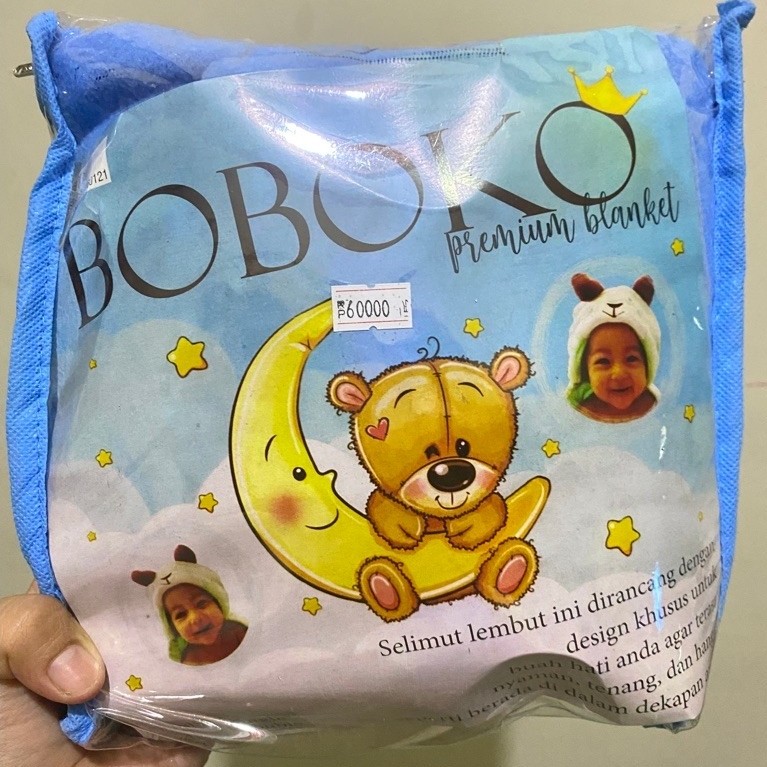 Selimut Boboko Premium Blanket motif beruang bulan warna biru untuk bayi anak