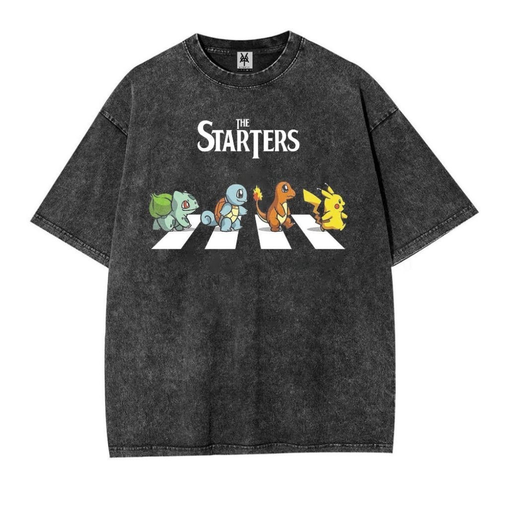 Pattern Merch Kaos Oversize Stone Black Washed Pokemon The Starters Vintage Unisex Graphic Tee