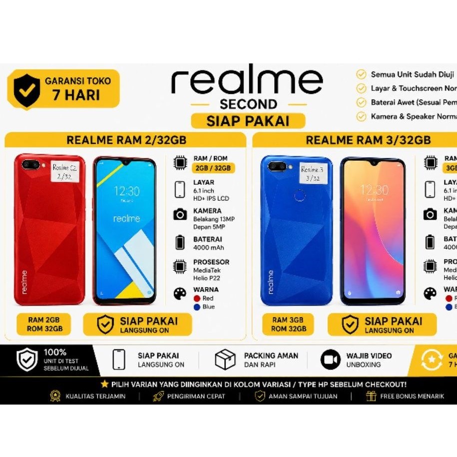 Realme 3 Ram 3/64GB I Realme C2 RAM 3/32 GB Second – Smartphone Bekas Berkualitas, HP second Harga T