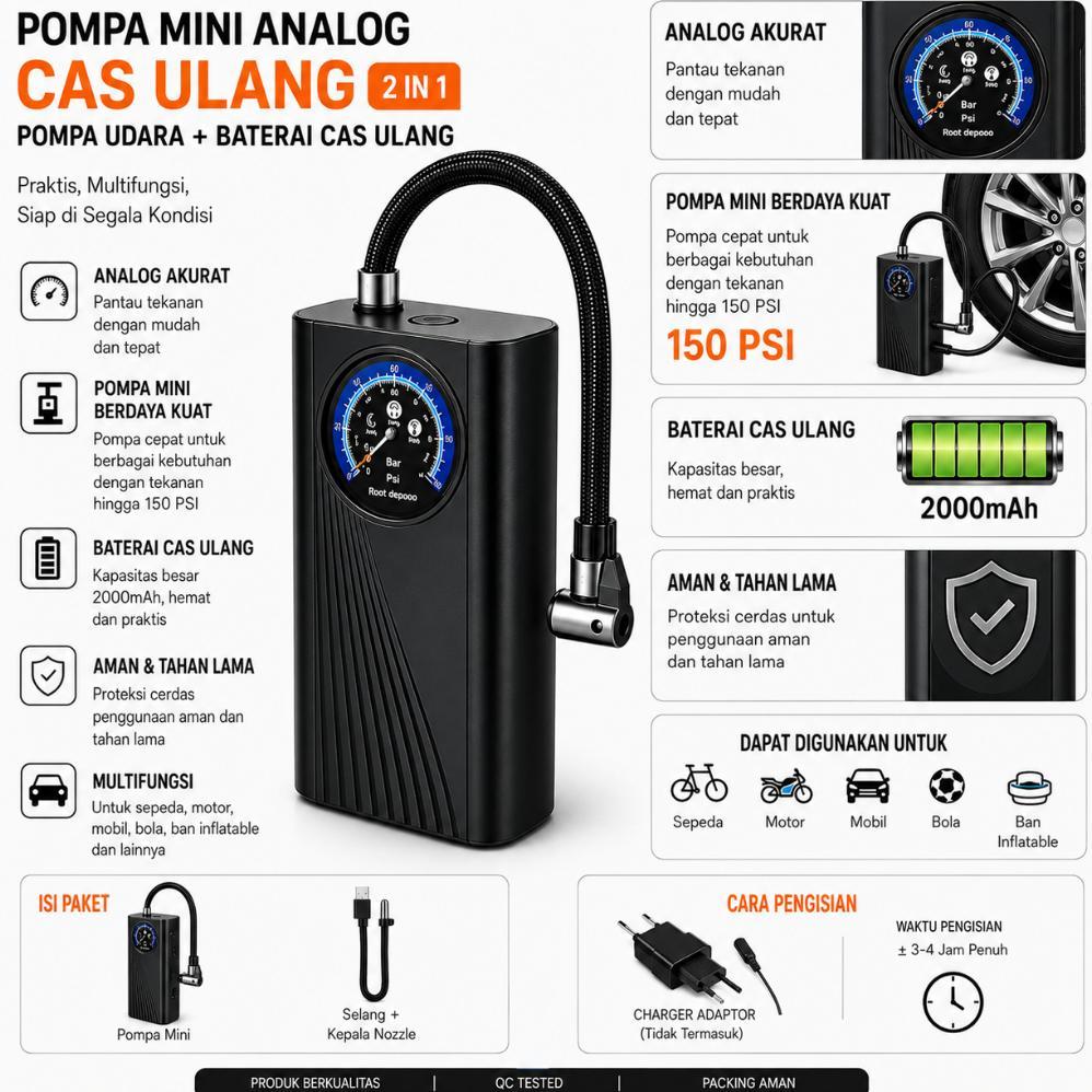 Pompa Angin Mini Portable Analog Rechargeable Kompresor Ban Sepeda Motor Mobil Bola USB