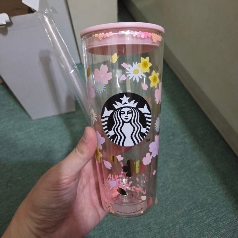 Gelas Tumbler Starbucks transparan tutup pink motif bunga dengan sedotan
