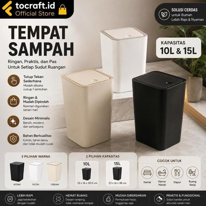 Tcid Tempat Sampah Aesthetic Minimalis Hitam 10 Liter Hitam  Plastik