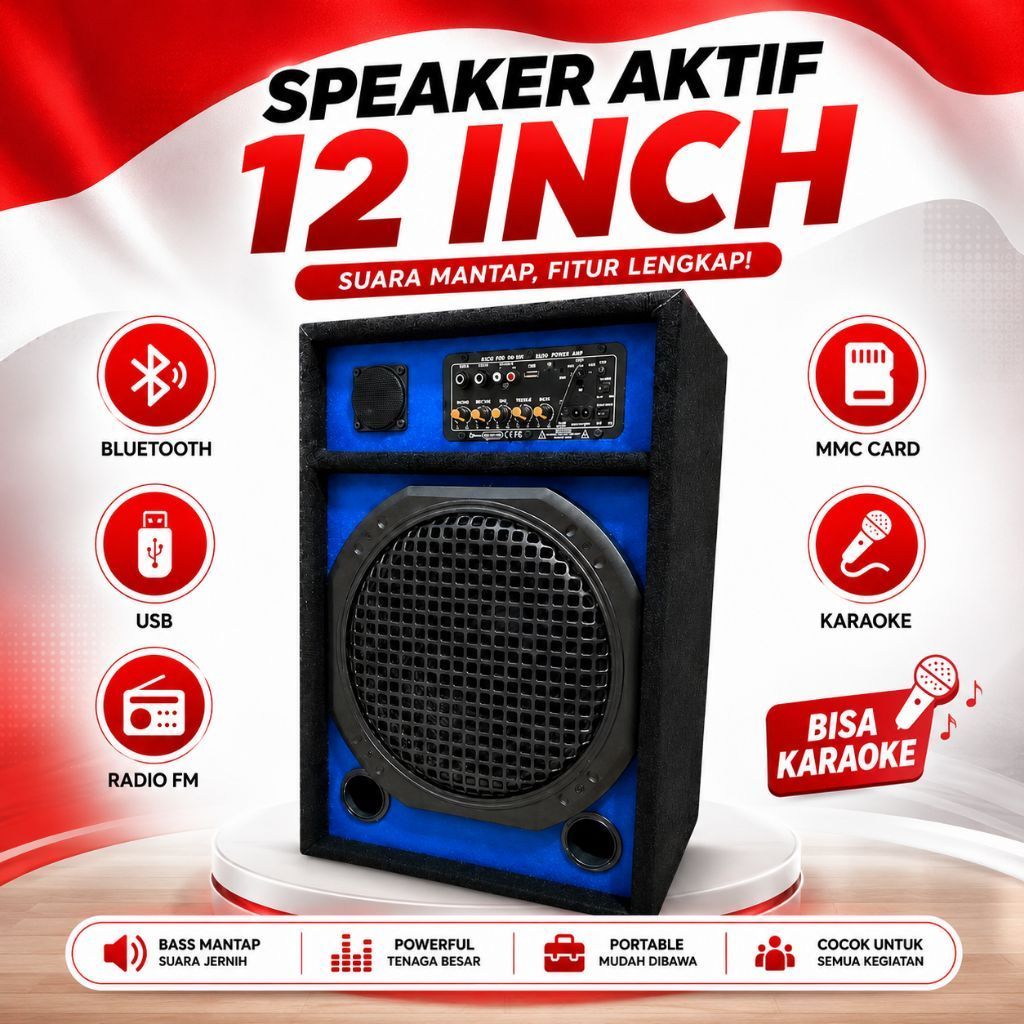 12 INCH 12 in 12IN SPIKER SPEAKER AKTIF BLUETOOTH BLUTUT MURAH BISA KARAOKE USB MMC FM RADIO FITUR L