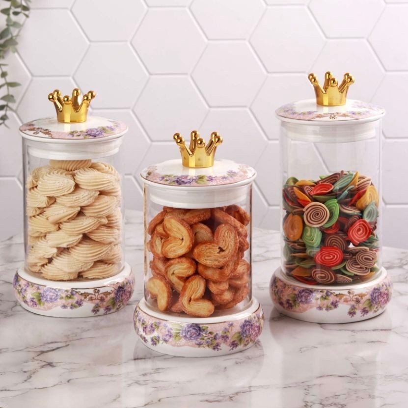 Toples Permen Kaca VICENZA G305 Magnolia, Candy Jar VICENZA, set 3 size toples VICENZA, kedap udara 