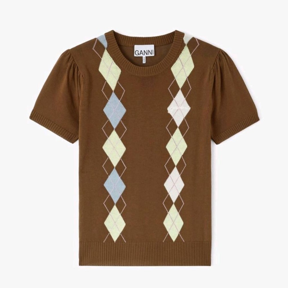 GANNI WOMEN'S - GANNI LIGHT COTTON ARGYLE T-SHIRT - TIRAMISU