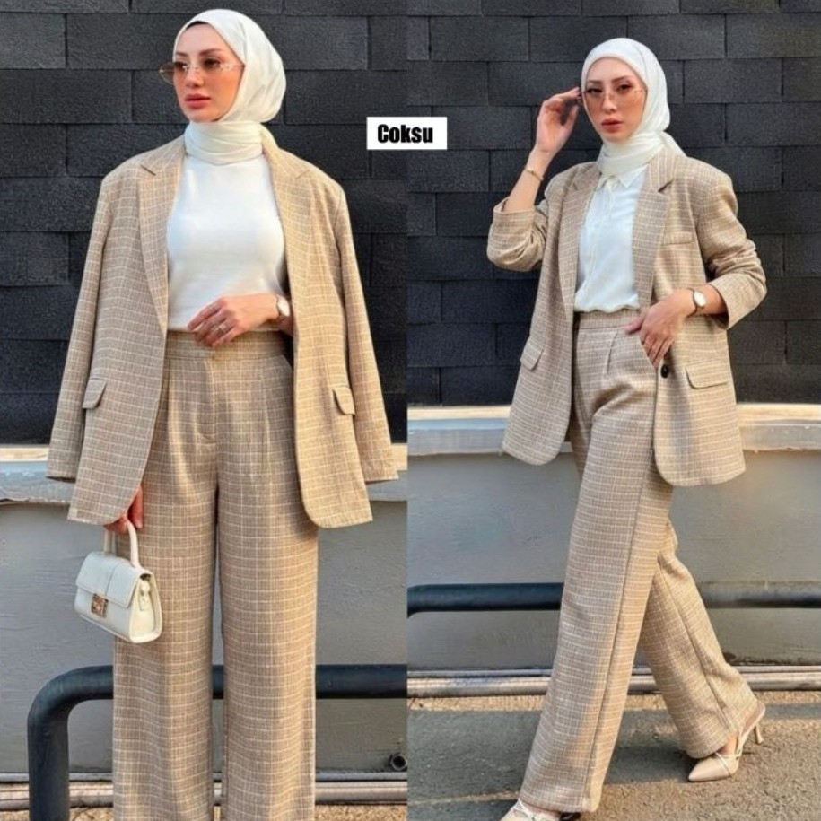 Setelan Blazer Wanita Premium Tweed Motif Kotak One Set+blazer Celana Kulot Office Hijab