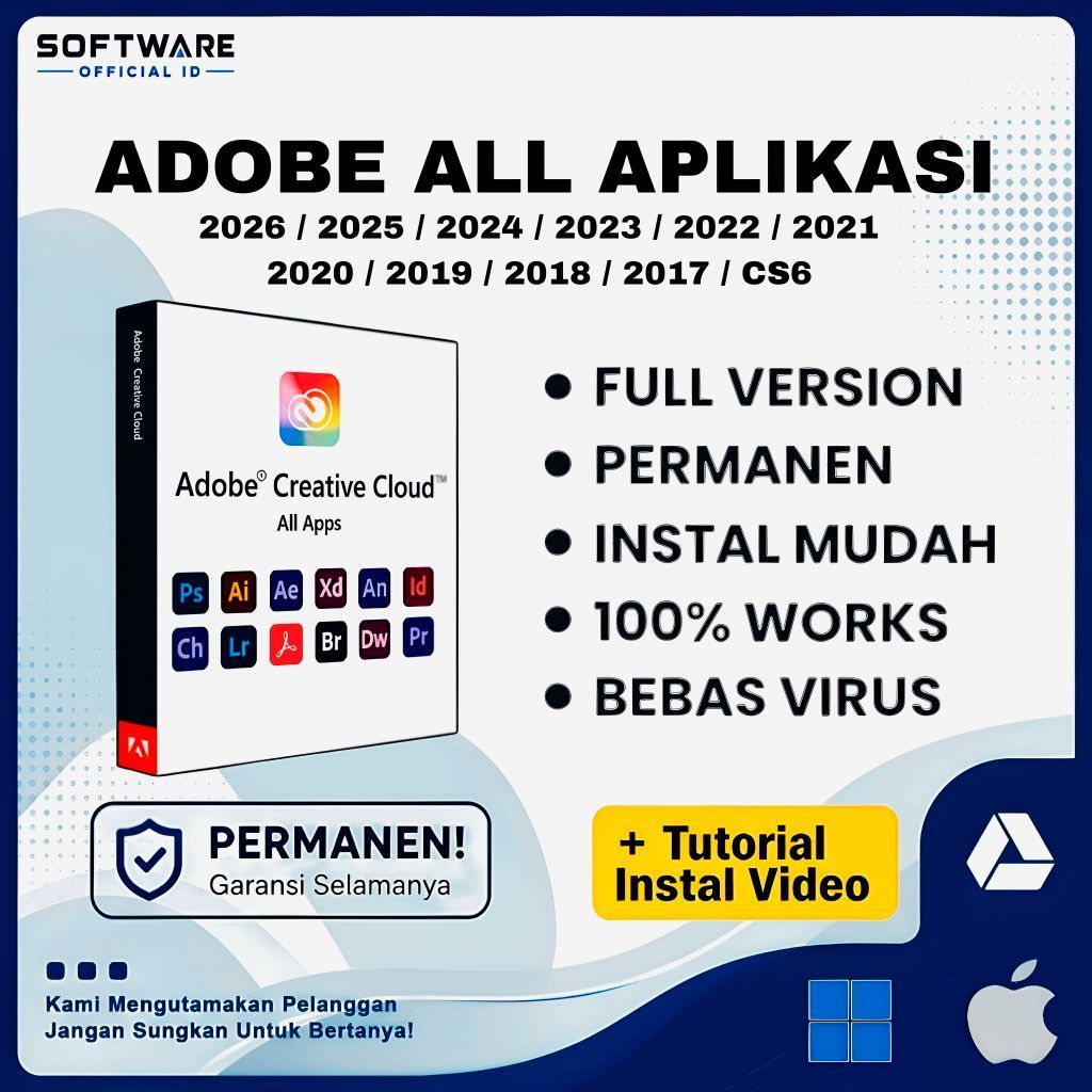 Adobe All Aplikasi ( Photoshop, Illustrator, InDesign, After Effect, Premiere Pro, Acrobat DC Pro, M