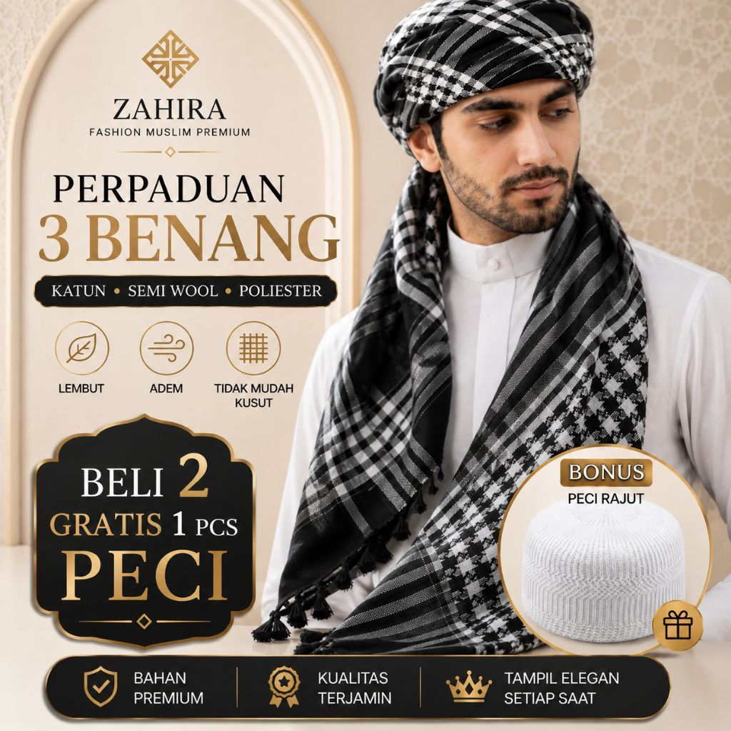 [PAKET ISI 2] Sorban Pria Arab Premium Wisdom Free Peci Rajut - Katun Semi Wool Polyester
