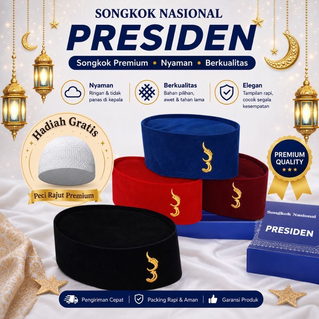 KOPIAH ANAK PECI DEWASA MUSLIM HITAM LOGO KUJANG EMAS BORDIR TINGGI 9 CM STANDAR