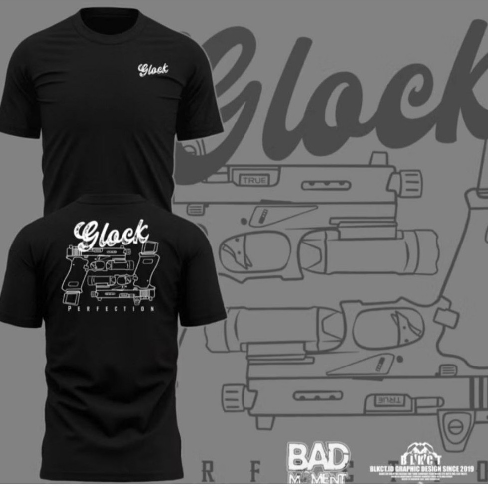 Kaos T-Shirt Hitam Glock Perfection Lengan Pendek Motif Pistol Unisex