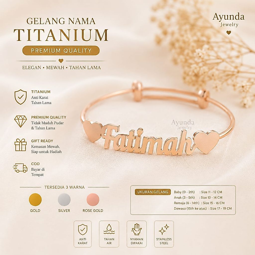(Bayi-Dewasa) Gelang Nama Titanium Gelang Custom Gelang wanita