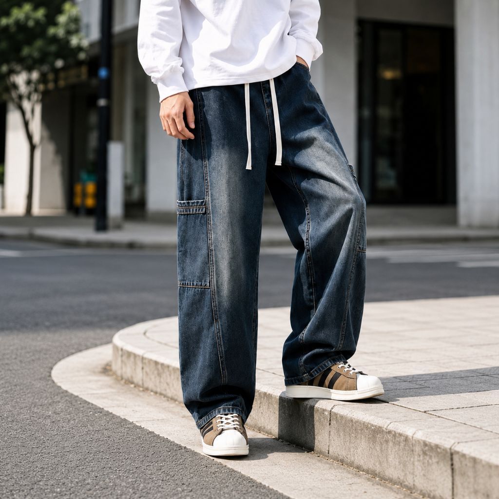 Celana jeans cargo pria wide leg warna biru tua dengan tali pinggang kasual bisa cewek cowok modern,