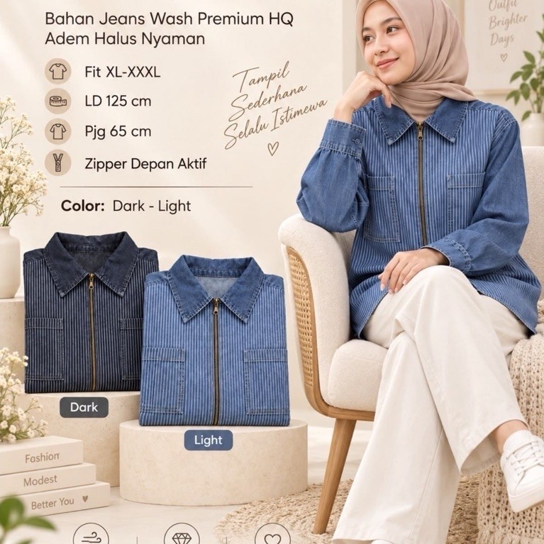 Ezza Shirt • Atasan Kemeja Jeans Salur Simple Stylish