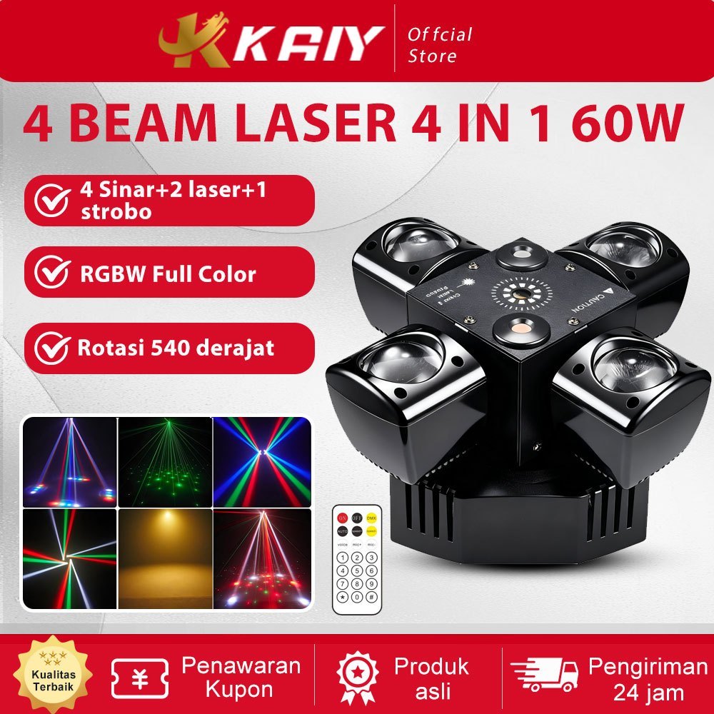 KAIY Mini Empat Beam cahaya laser 60W Lampu strobo kuning Laser merah dan hijau sorot panggung RGBW 