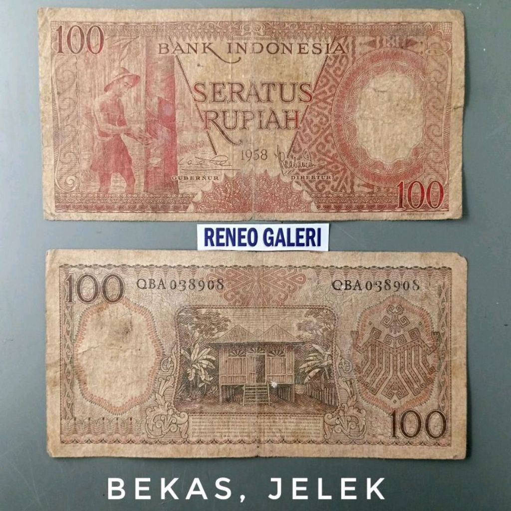 Jelek Asli 100 Rupiah tahun 1958 Seri Pekerja tangan Rp Uang kertas kuno  duit lama original Koleksi