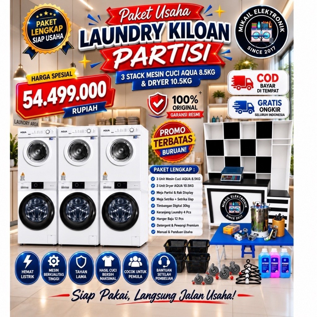 PAKET LAUNDRY KILOAN PEMULA PARTISI 3 SET MESIN CUCI AQUA DRYER DIAMANTE