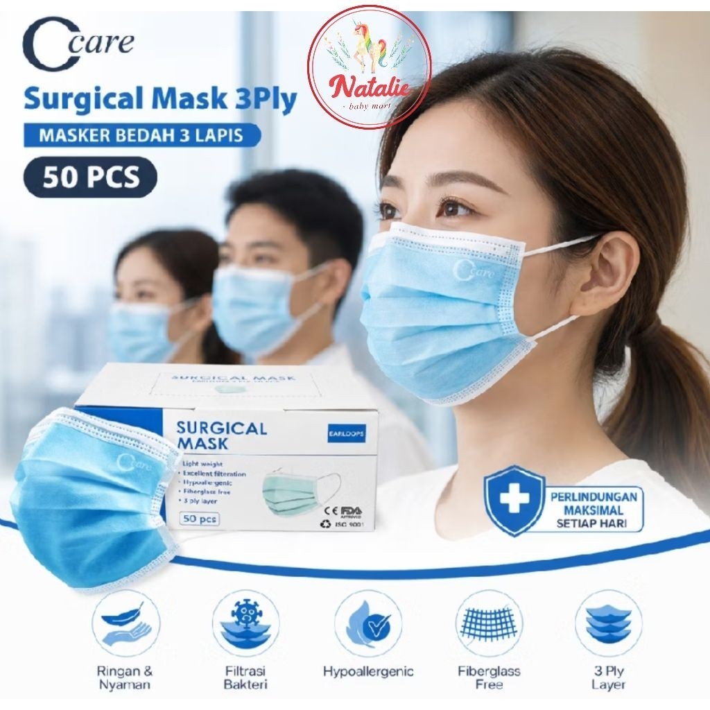 C Care Masker Medis Earloop 3 Ply 50s Embos Kemenkes