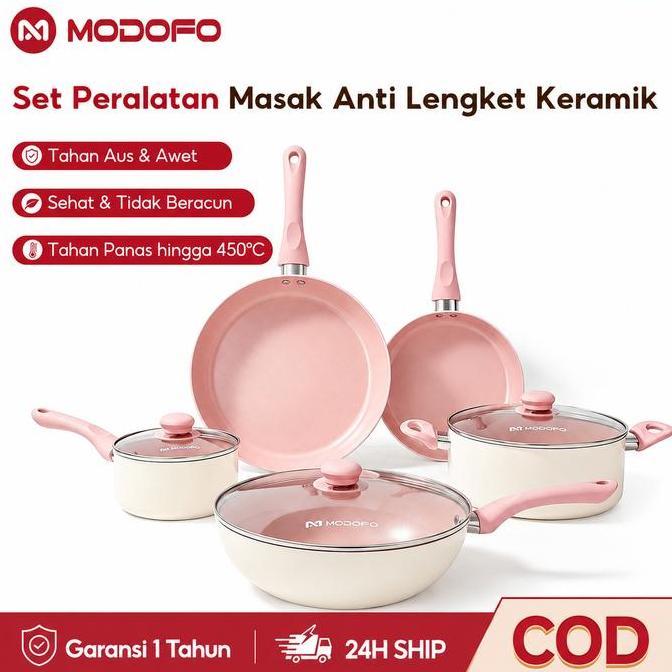 MODOFO Panci Set Lengkap Anti Lengket 4pcs Wajan Penggorengan Anti Lengket Dandang Kukus Enamel Tepl