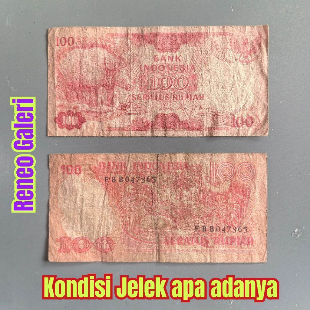 Jelek Asli 100 Rupiah badak tahun 1977 Rp Uang kertas kuno duit lama merah original Koleksi