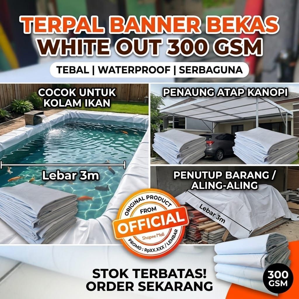 Terpal Banner Bekas Putih Polos 300 GSM Tebal| Lebar 3MMurah / Kain Flexi Putih Serbaguna untuk Kola