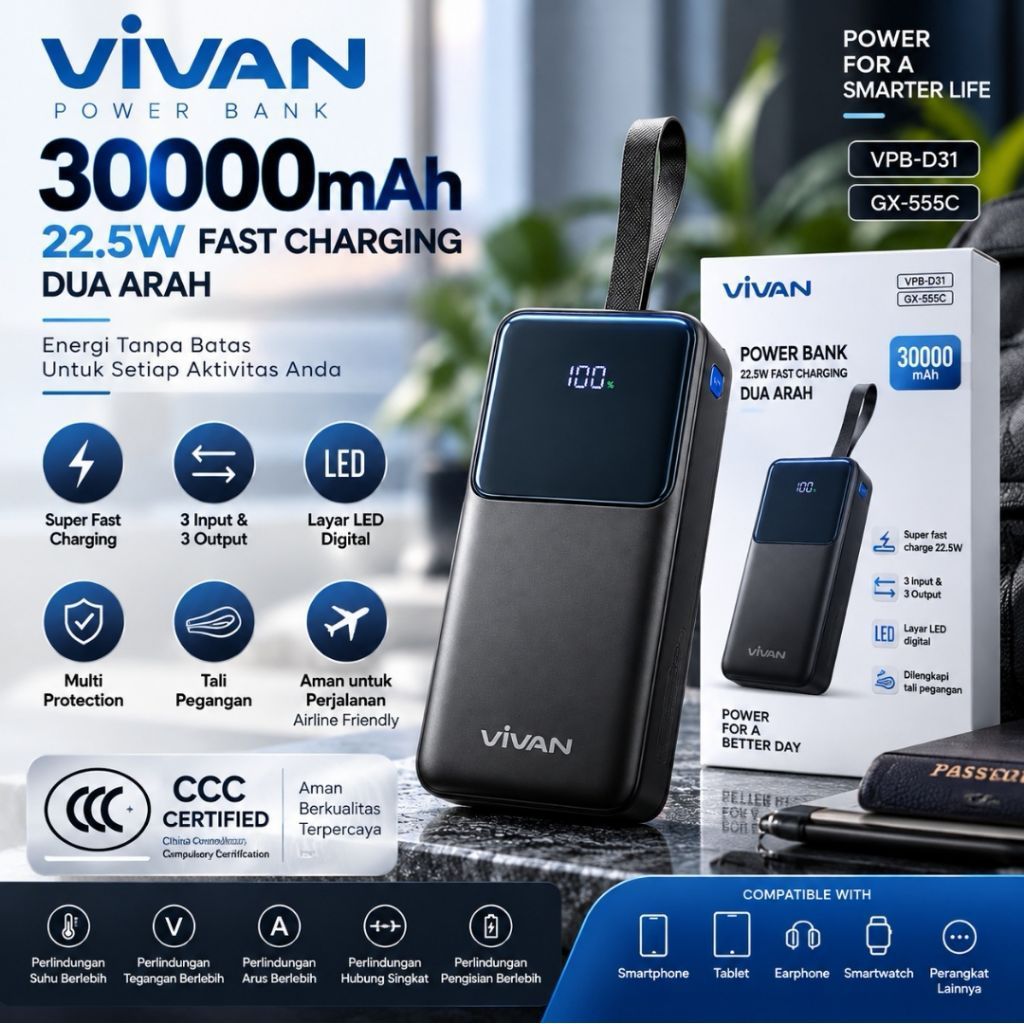 VIVAN Power Bank 30000mAh 22.5W Fast Charging CCC Certified
