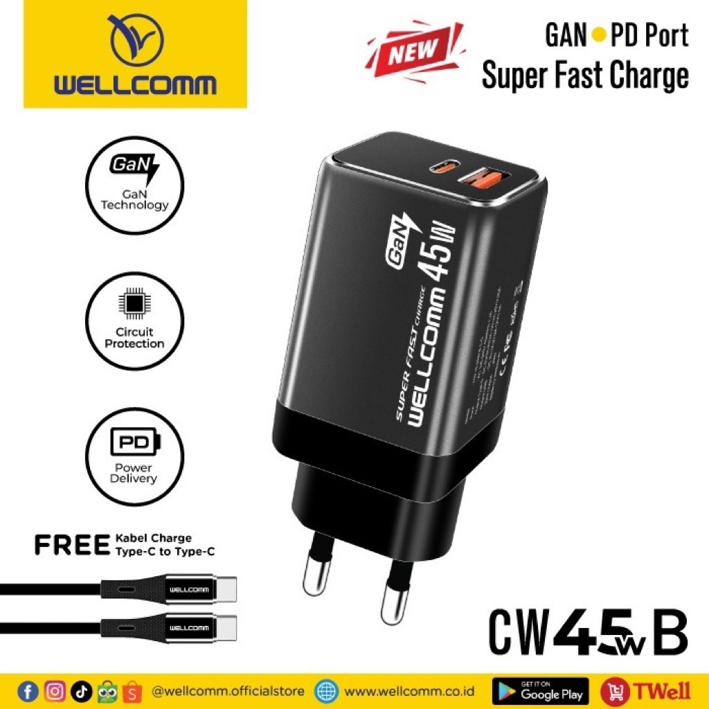 Adaptor Charger Wellcomm CW45WB 45W GaN PD Port Super Fast Charge dengan Kabel Type-C ke Type-C