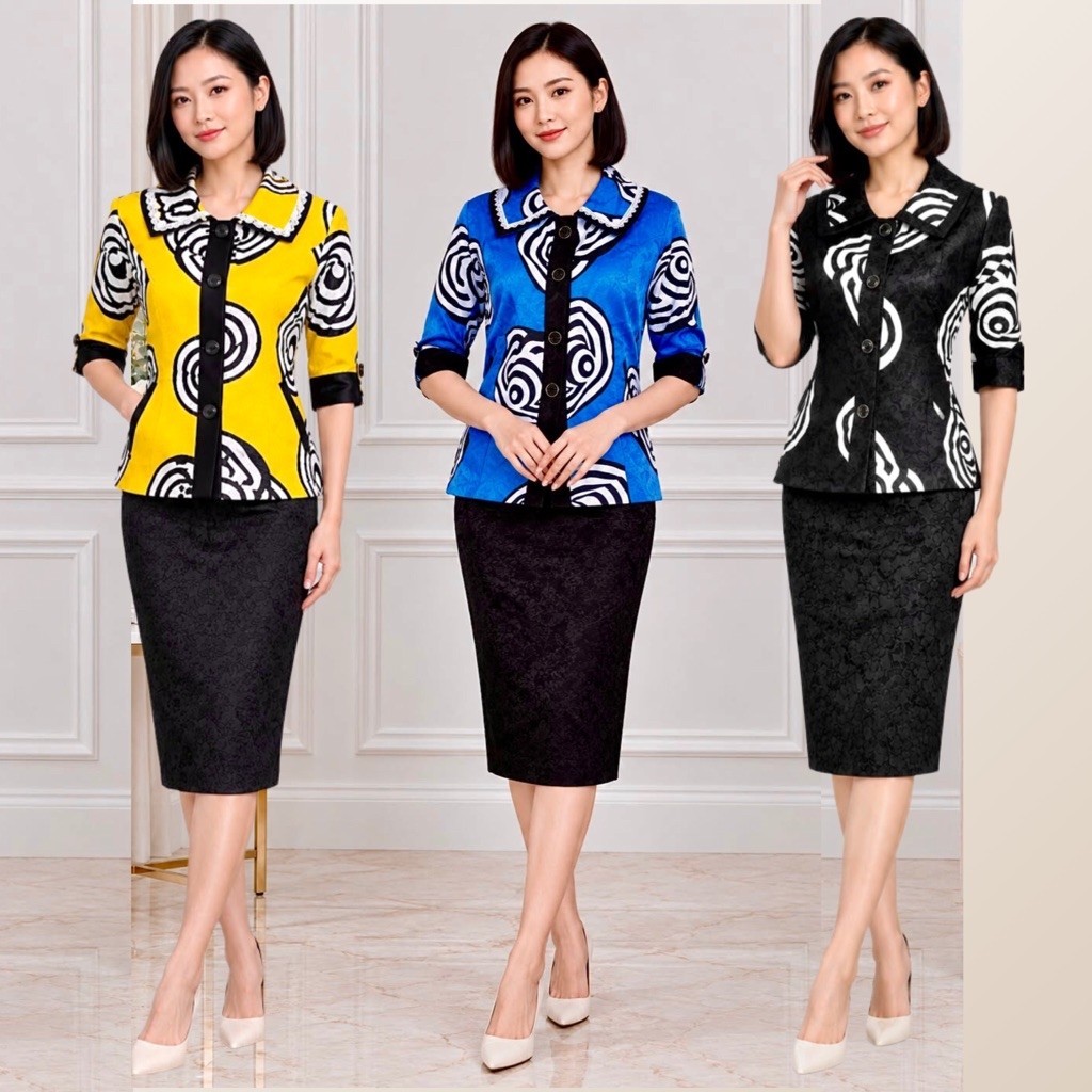 Setelan rok blazer wanita. Setelan blazer wanita dengan rok. Setelan blazer wanita motif. Set blazer