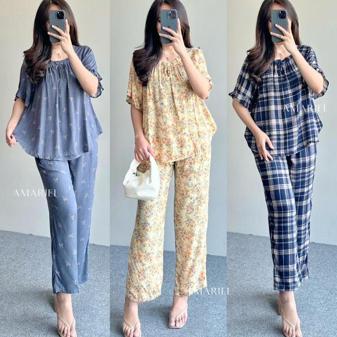 Amariel Julia OneSet Piyama Setelan Atasan Baju Celana Panjang Tidur Nyaman Adem Ruffle
