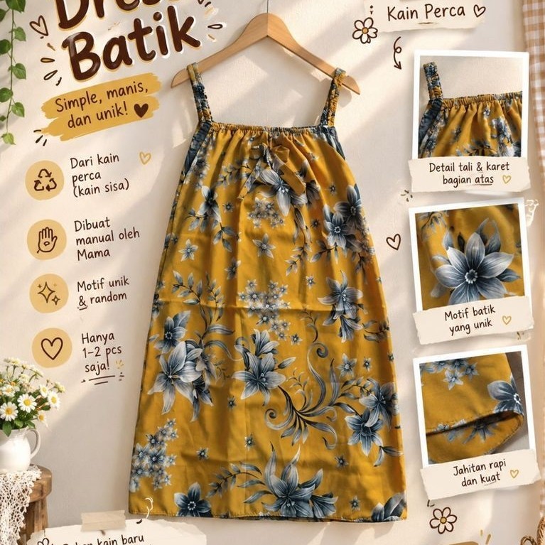 Dress Daster Batik Rempel Kain Perca Eksklusif Tali Ikat Bahu Baju Santai Rumahan Casual Cantik
