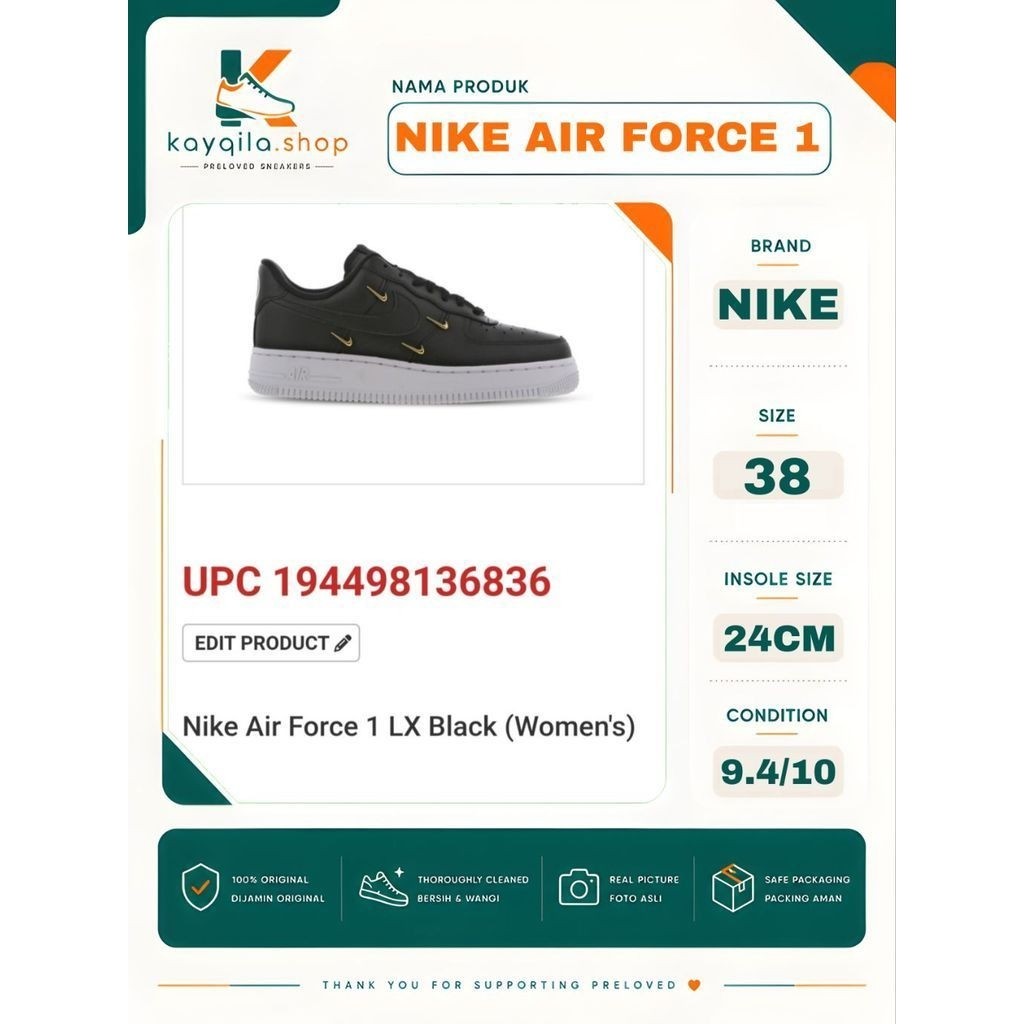 Sepatu Preloved Second Original Nike Air Force 1 AF 1 Size 38