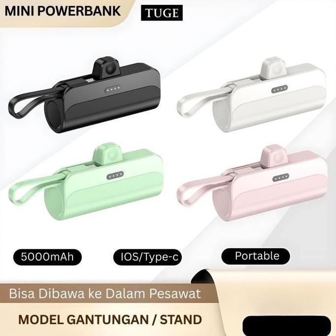 TUGE Mini Powerbank 5000mAh Kapsul Type C & Lightning Baterai Charger Ponsel Android iPhone Smartwat