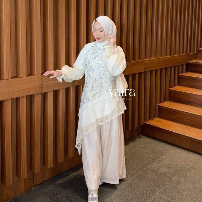 One Set Kebaya Modern Brokat Alexia LD 110 Set Celana Kulot Fairy Crepe Tile Embroidery  Kondang Pes