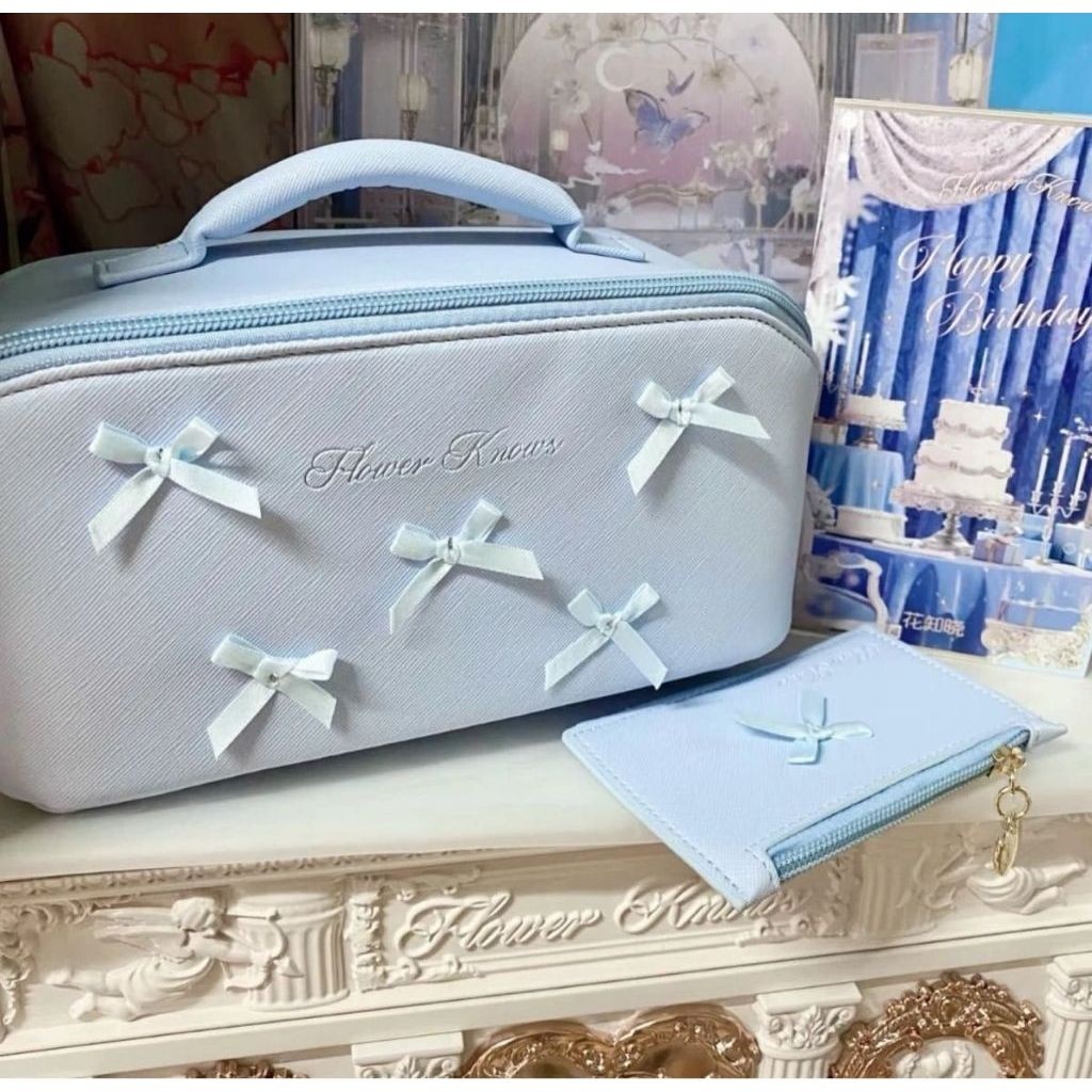 ( Ready Stock ) Flower knows makeup pouch + card holder set biru coquette / pouch coquette pita / po