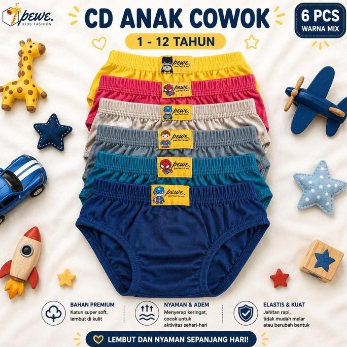 DE13 - 6 Pcs Sempak Anak Laki laki Polos Anak Cowok 12-13 tahun Celana / CD anak laki laki polos mix