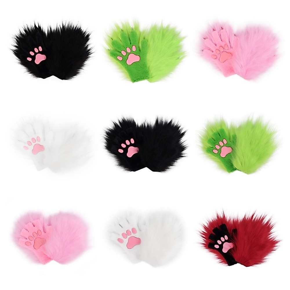 Silicone Soft Pad Long Hair Paw Gloves Cartoon Plush Cat Dog Wolf Animal Paw Gloves Thicken rm Furry