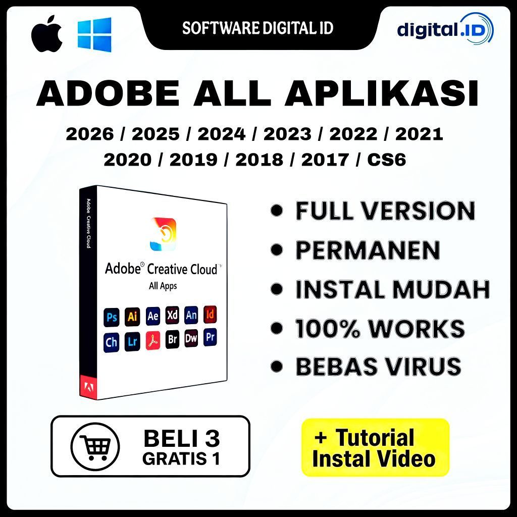 Adobe All Aplikasi ( Photoshop, Illustrator, InDesign, After Effect, Premiere Pro, Acrobat DC Pro, M