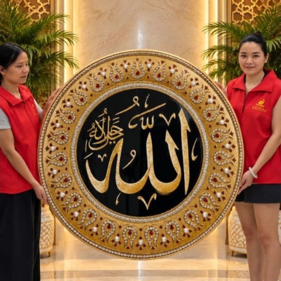 Lampu Hias Dinding Bulat Kaligrafi Arab Emas dengan Bingkai Motif Ornamen