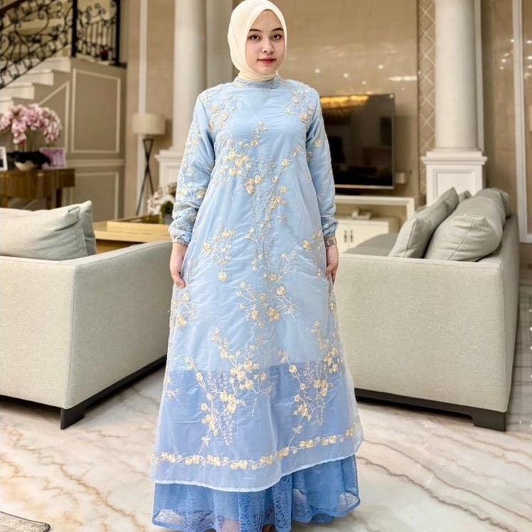 Gamis exclusive bahan organza milky mix marbella twill premium + fayet model menyatu  furing Marbell