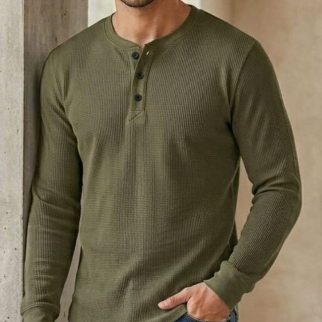 Uniqlo Men's Waffle Henley Long Sleeve Tee