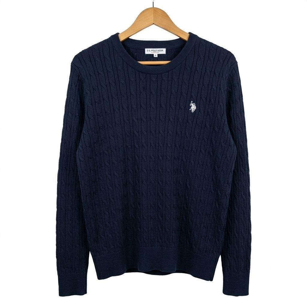 Sweater Cable Knit Rajut Kepang USPA Dark Navy White Logo size fit XL