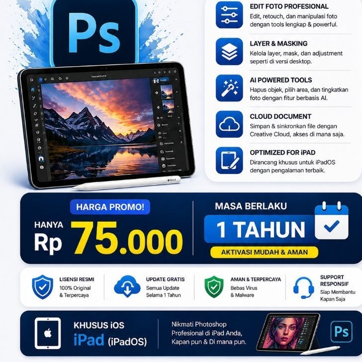 Lisensi Photoshop untuk iPad iPadOS/Android 1 Tahun Fitur Edit Foto Profesional