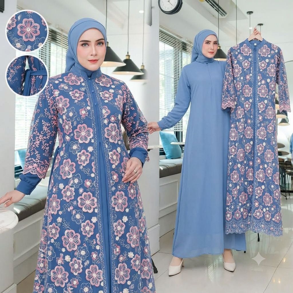 Gamis Wanita Rania Tille Premium Motif Bunga 2 Warna Outer Tille Dalaman Long Dress Polos Mewah Eleg