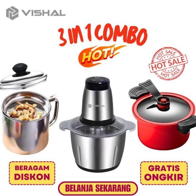 Vishal Combo Spesial 3 In 1 Blender Daging Penggiling Chopper Stainless Oil Pot Wadah Penyaring Panc