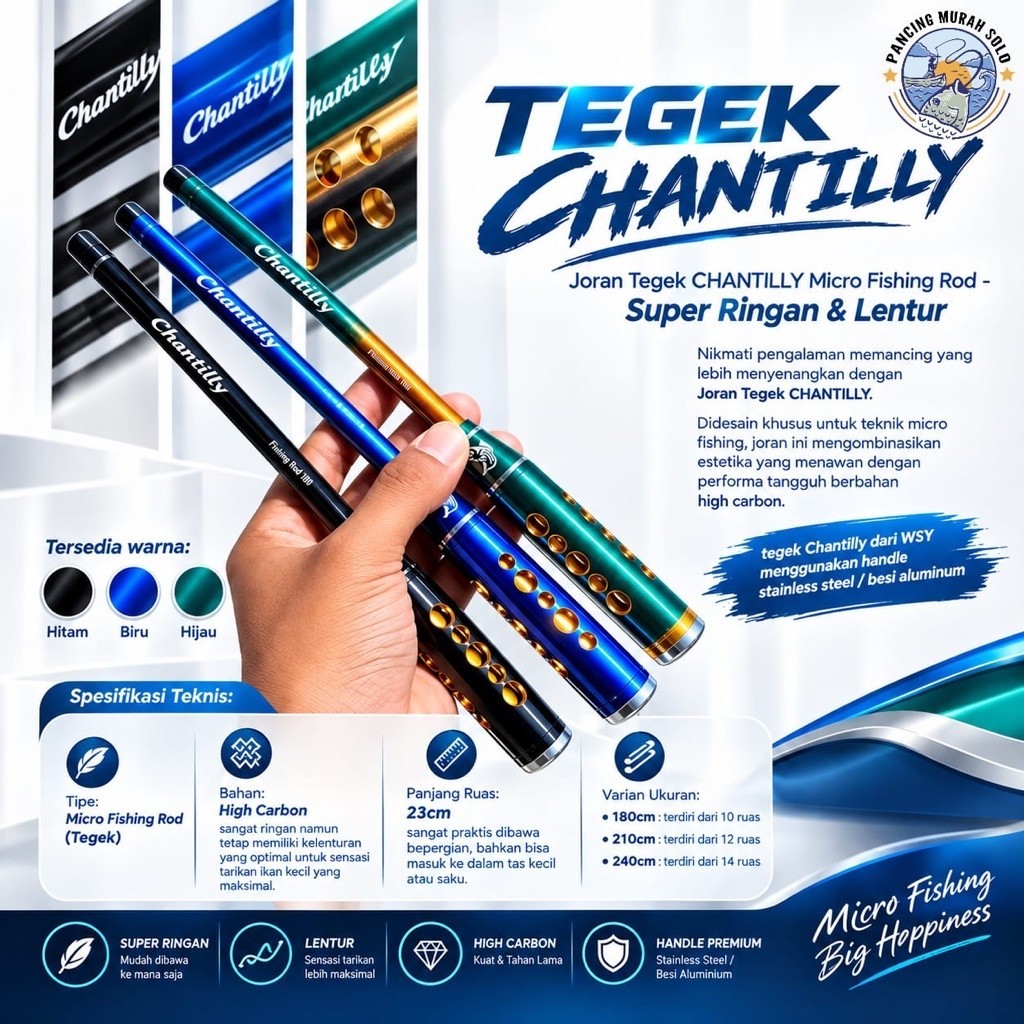 Joran Tegek CHANTILLY Micro Fishing Rod Ruas 23cm High Carbon Ringan dan Lentur