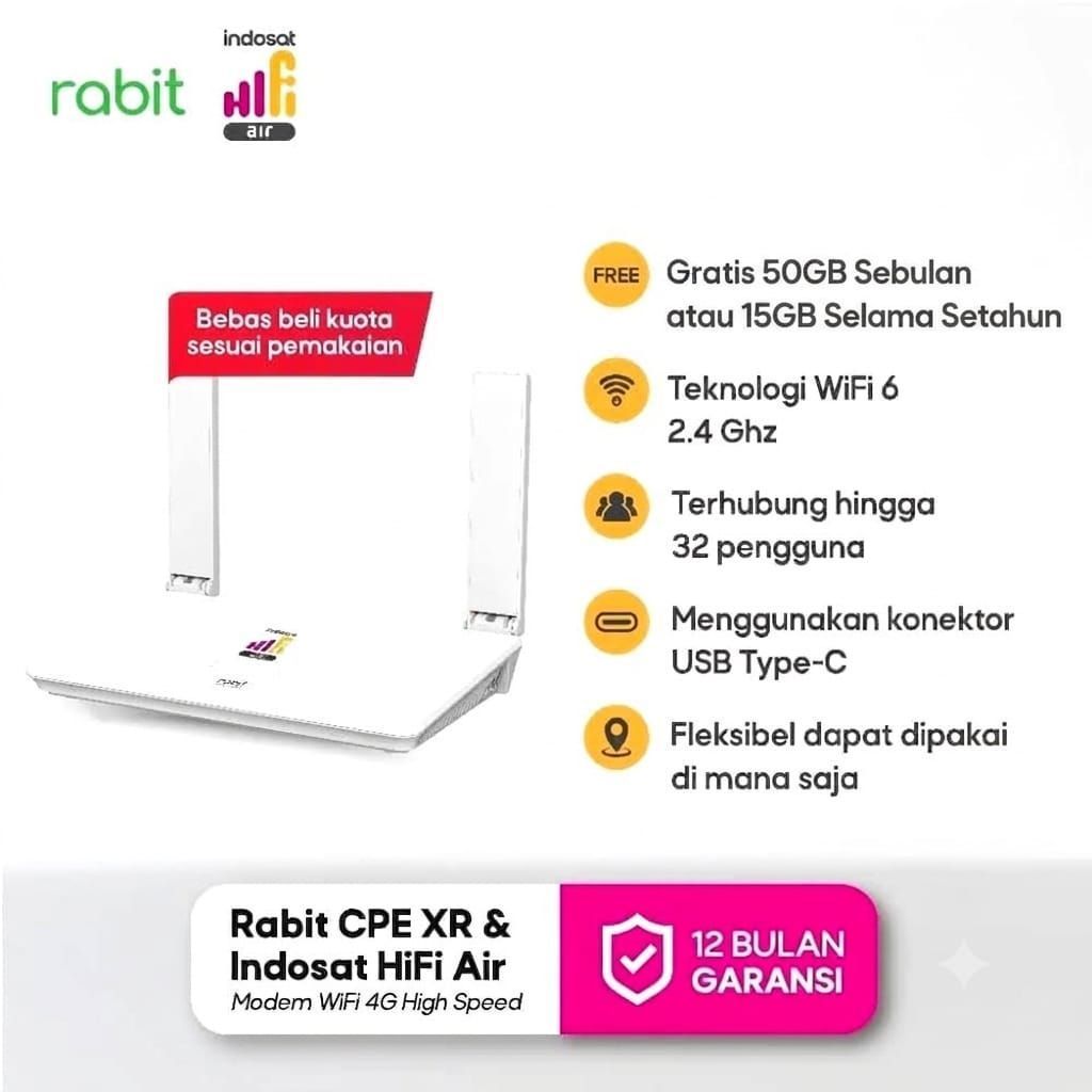 RABIT CPE-XR Modem Router 4G LTE Wifi 6 Free Kuota 50GB / 180GB Indosat Hifi Air