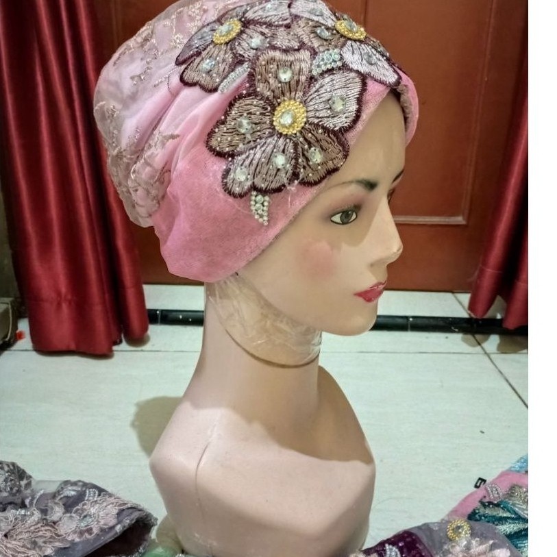 [READY STOK] Turban Mispa Haji Renda Bunga Mewah/ Turban Pesta Bunga Mengkilap- AYU KARTINI CENTRAL