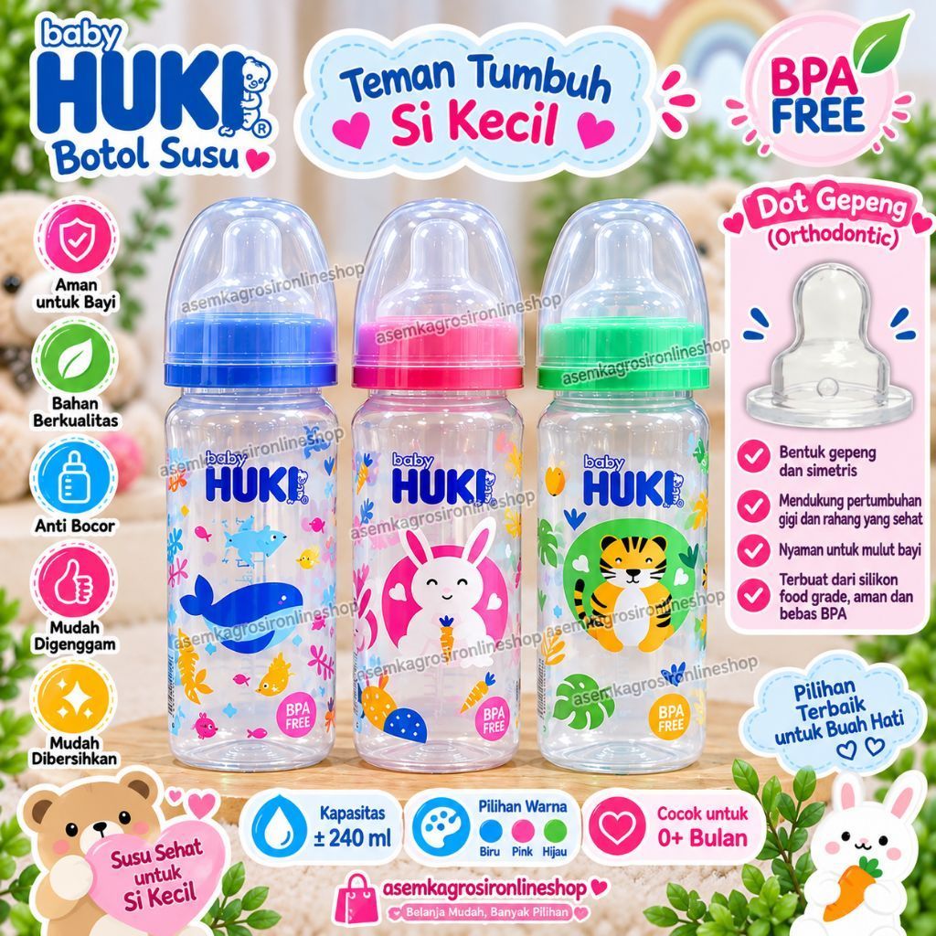 Botol susu huki 240ml dot gepeng / huki baby 240ml / botol susu bayi huki 240