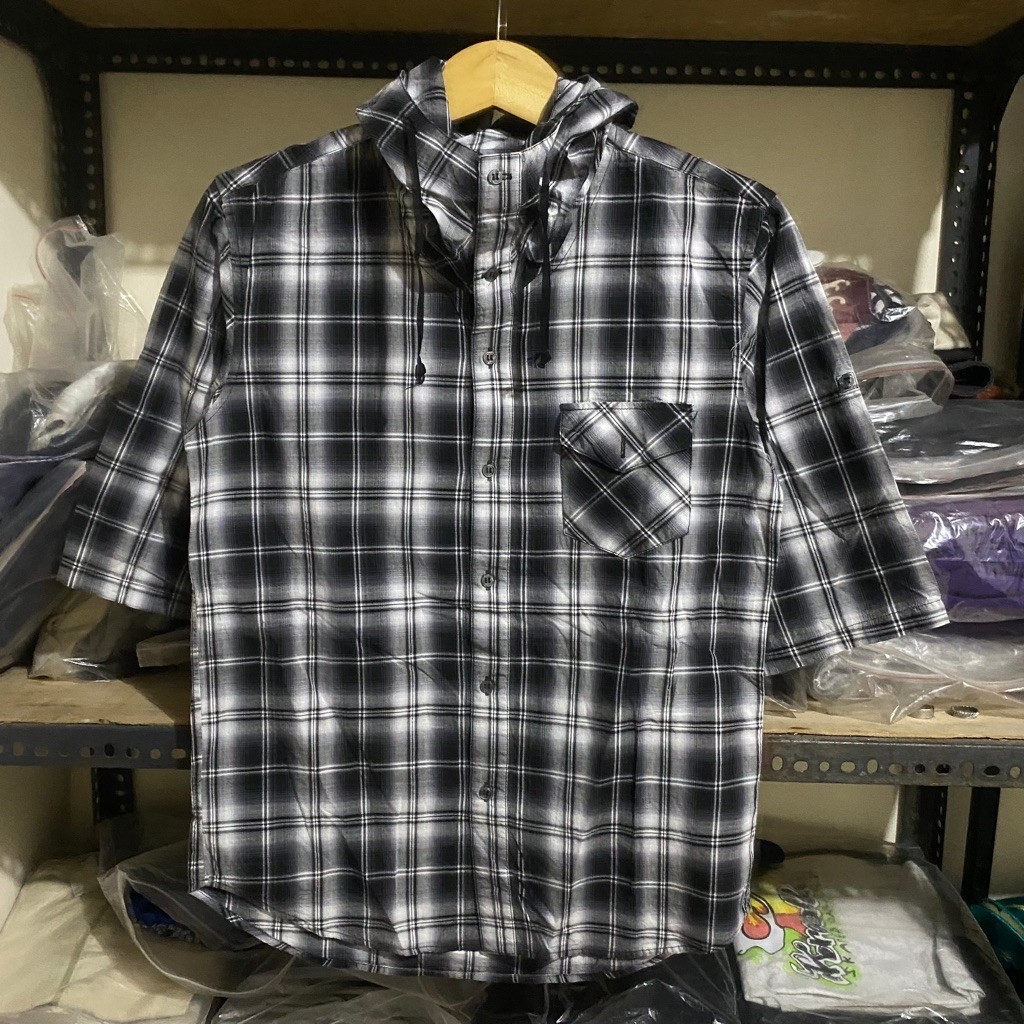 Hare Japan Plaid Hooded S/S Shirt B/W Size M 65x49 Roll Up Sleeve