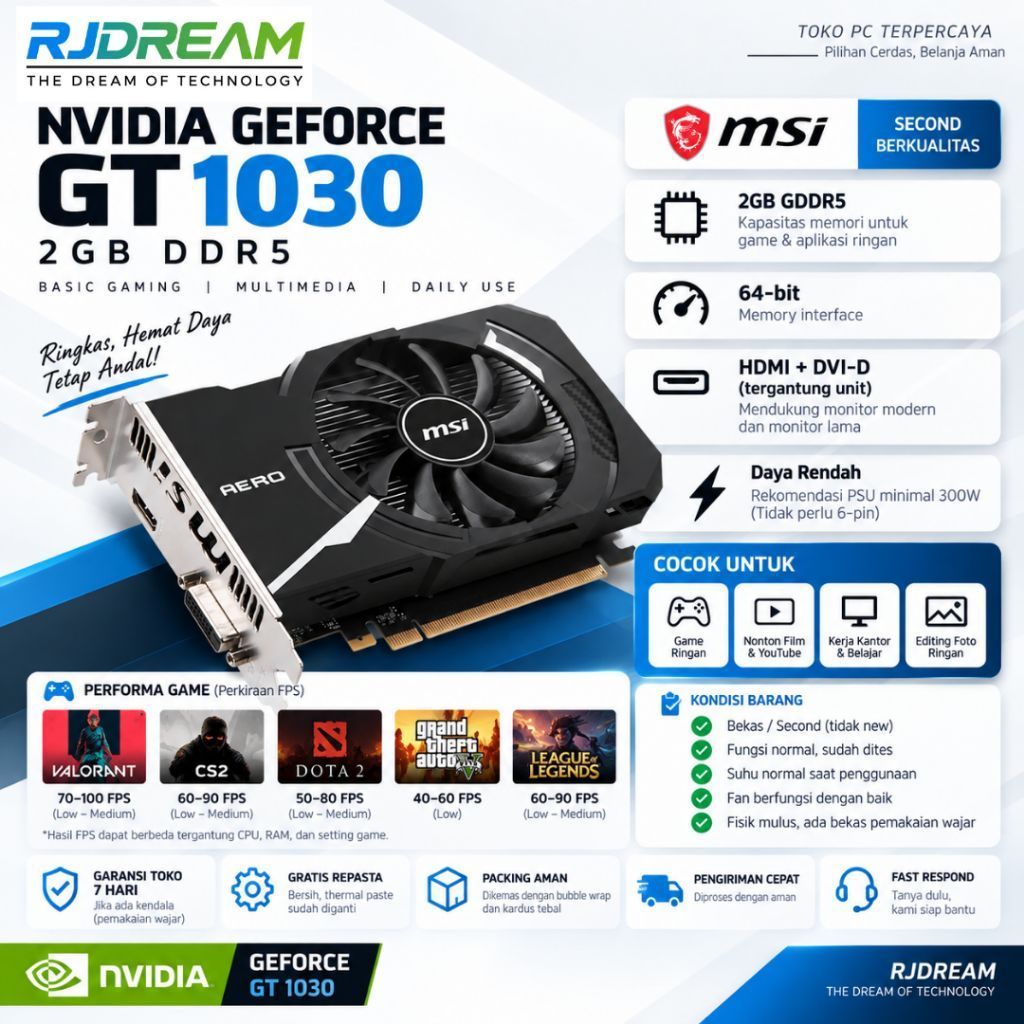 VGA NVIDIA GT 1030 2GB DDR5 64BIT DX12 BEKAS / SECOND NO MINUS