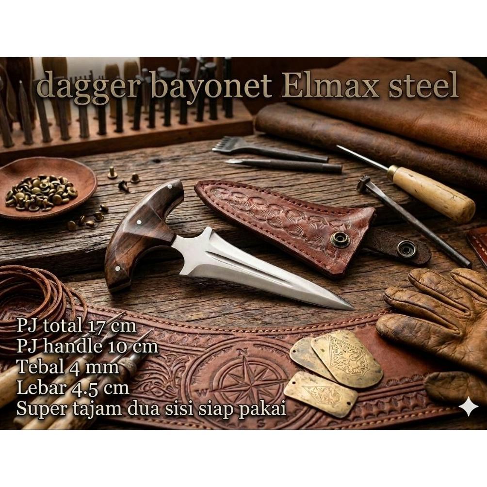 pisau seset petarung sejati baja Elmax steel tajam dua sisi sarung kulit siap pakai Murah